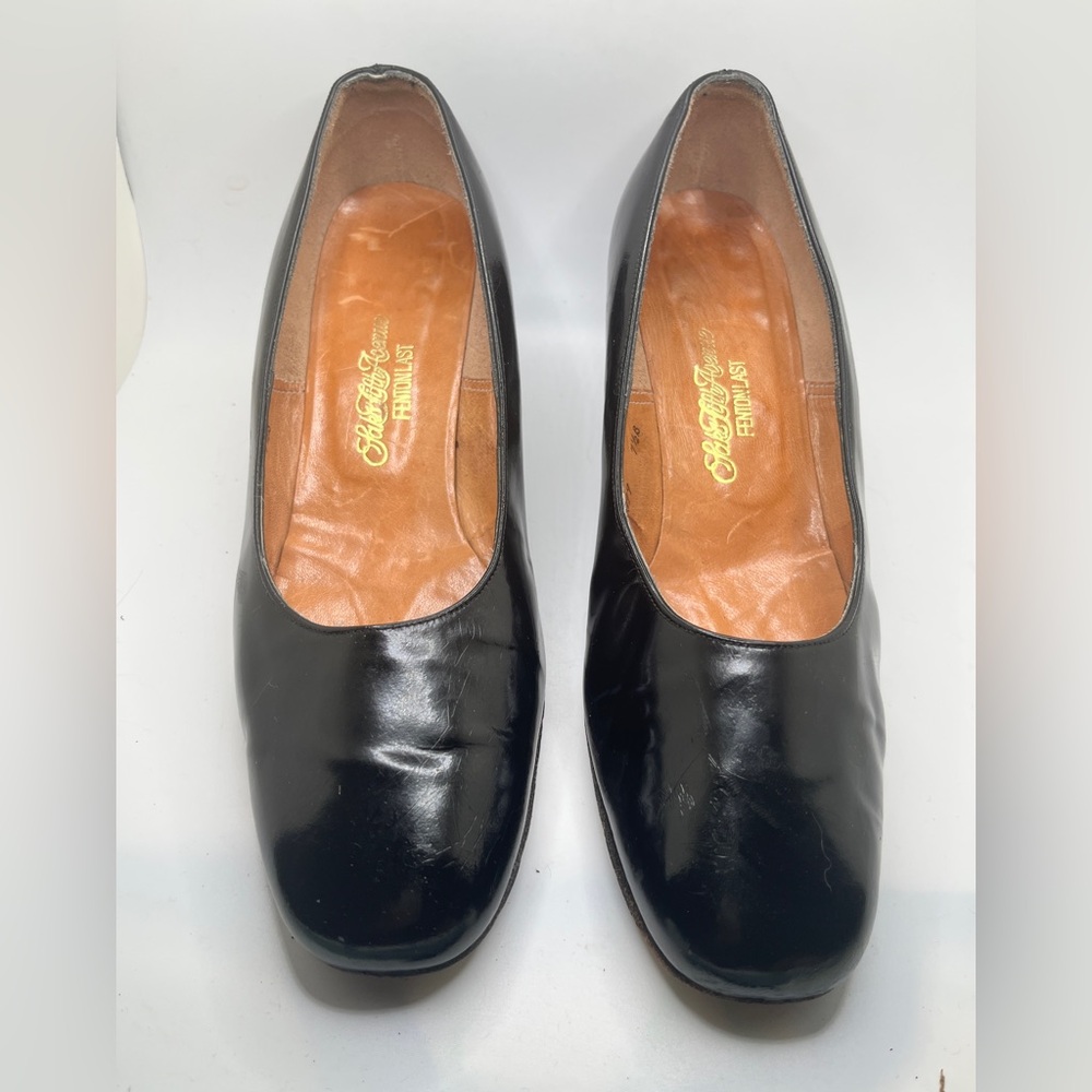 VTG 60s Saks Fifth Avenue Fenton Last Black Patent Leather Block Heel Pumps 7.5